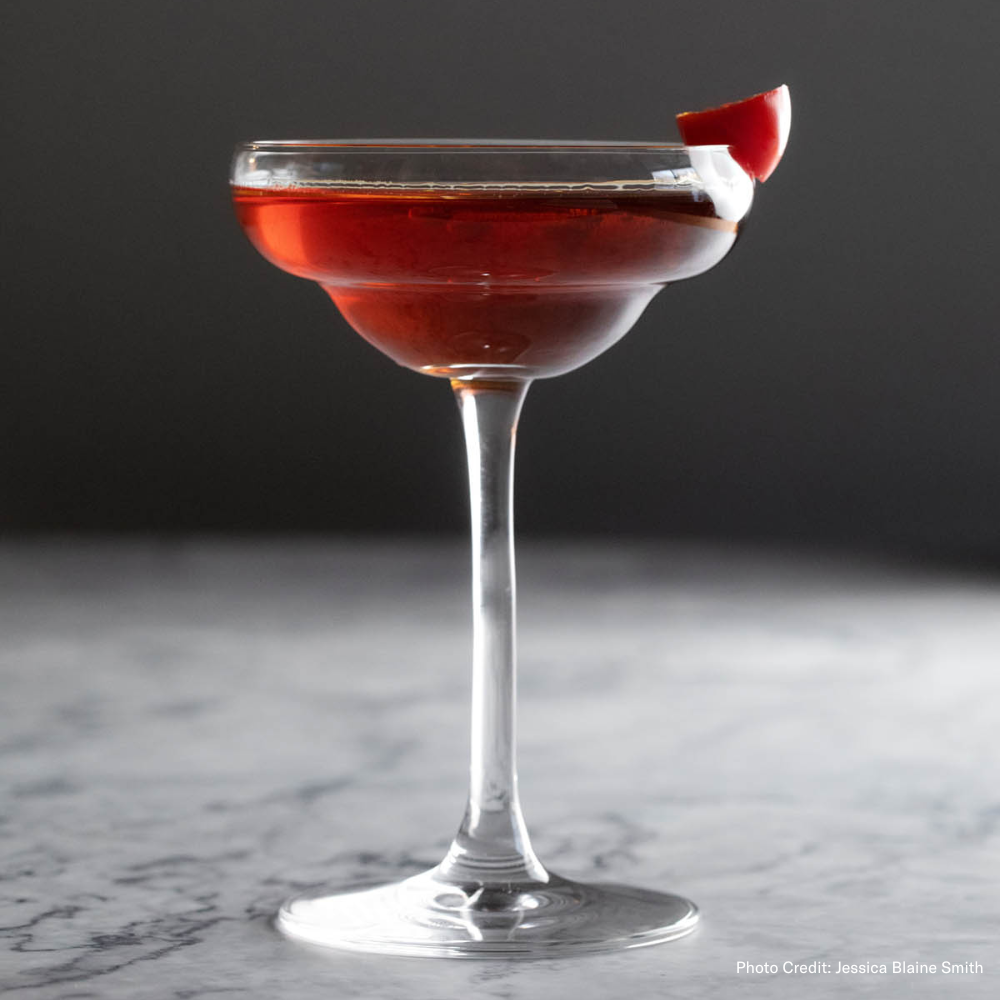 Coley Coupe glass with drink, photo credit: Jessica Blaine Smith
