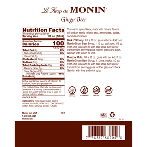 Monin Ginger Beer label with nutrition facts and ingredients on a white background