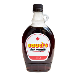 Bottle of Sauci's Hot Maple Syrup on a white background