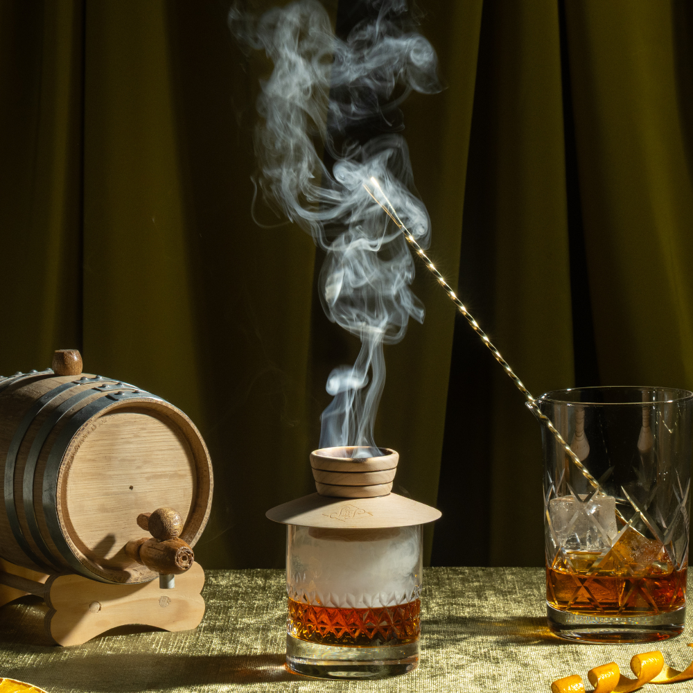 Smoking Topper Set, Oak Barrel, Yarai Mixing Glass, Gold Spoon
