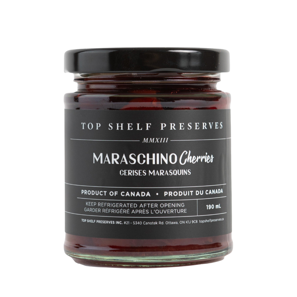 Top Shelf Preserves Maraschino Cherries jar on white background