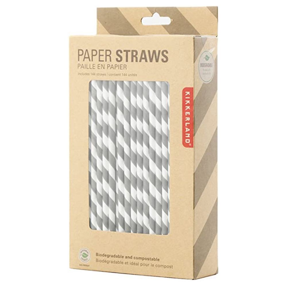 Kikkerland Gray Stripe Paper Straws
