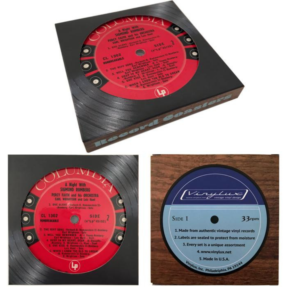 Recycled Vinyl Record Coasters Packaging side, front, back