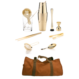 The Cocktail Aficionado Set (Gold) with cloth bar tools bag