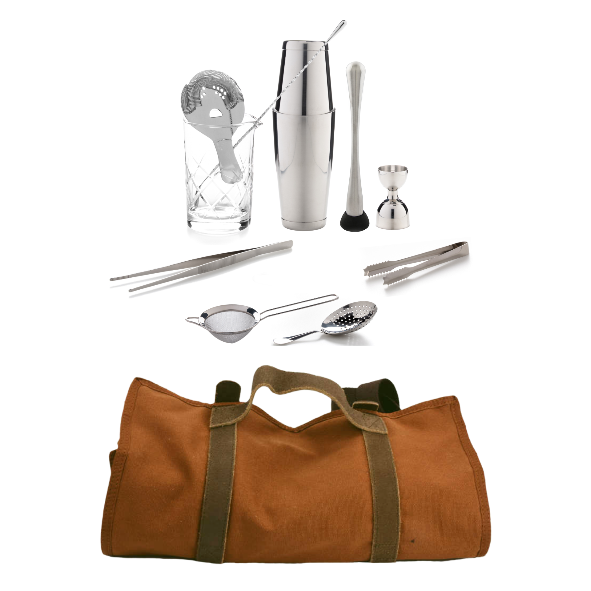 The Cocktail Aficionado Set (Stainless Steel) with Cloth Bar Tools Bag