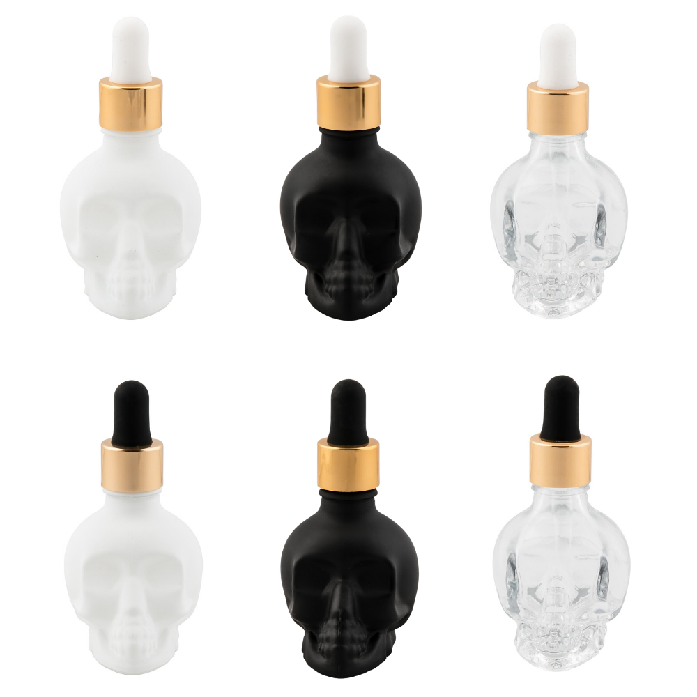 Skull Bitters Bottle in black, white and clear