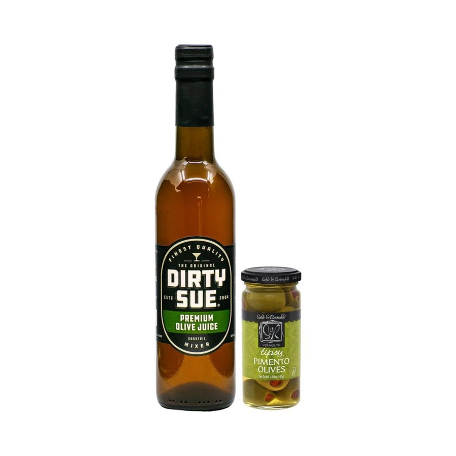 Dirty Martini Duo: Dirty Sue olive juice and pimento olives
