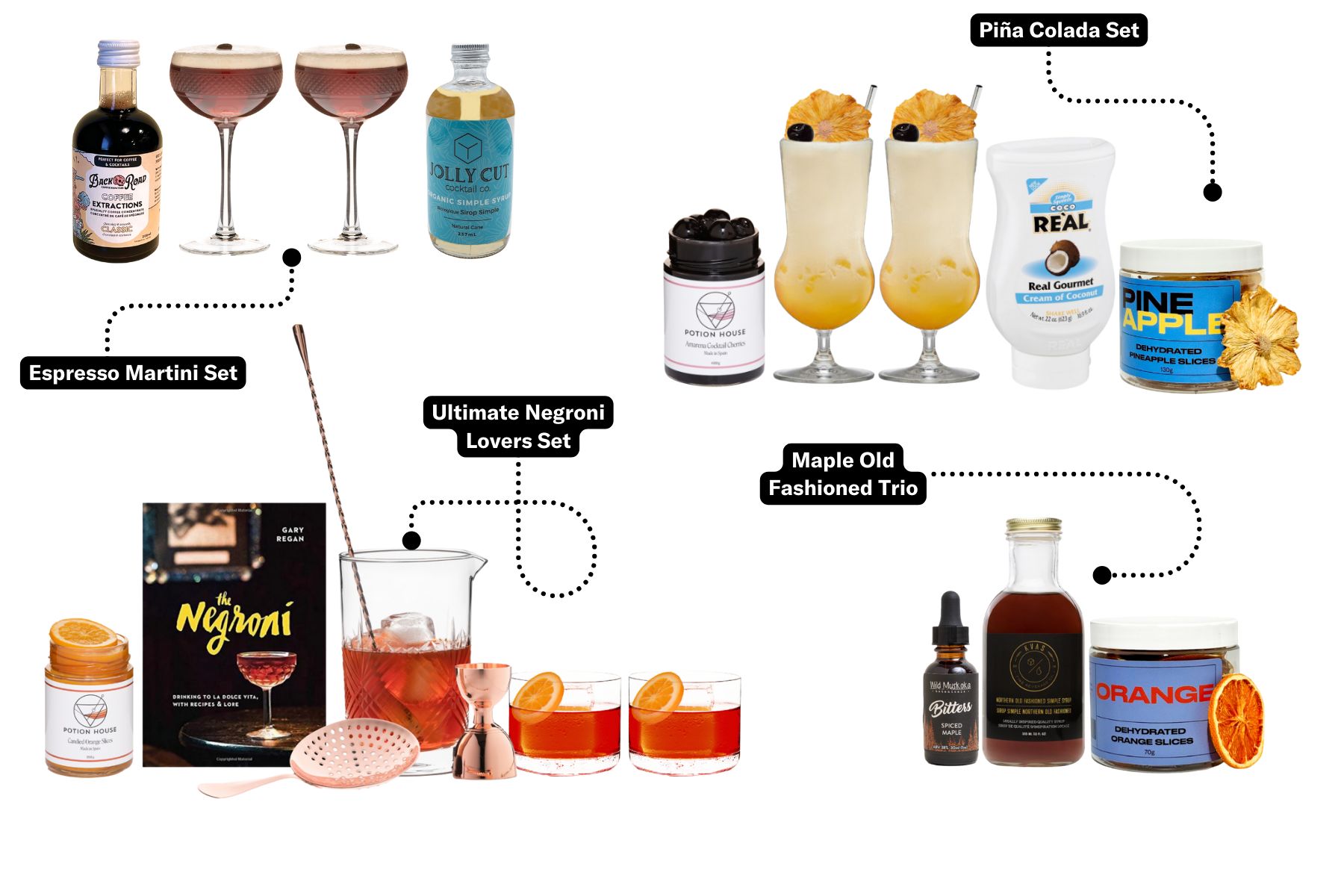 Cocktail gift sets: Espresso Martini, Piña Colada, Ultimate Negroni Lovers and Maple Old Fashioned