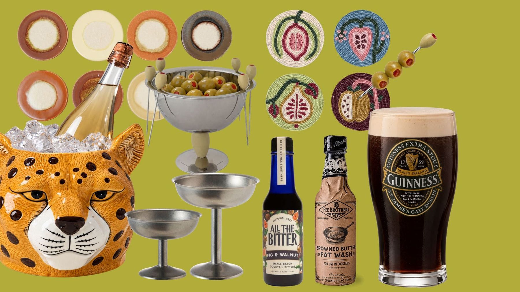 New arrivals: a leopard ice bucket, olive picks, coasters, bitters and a Guinness pint glass
